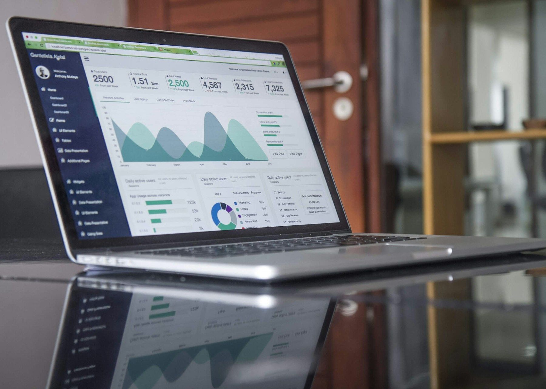 A laptop displaying analytics charts on a reflective desk